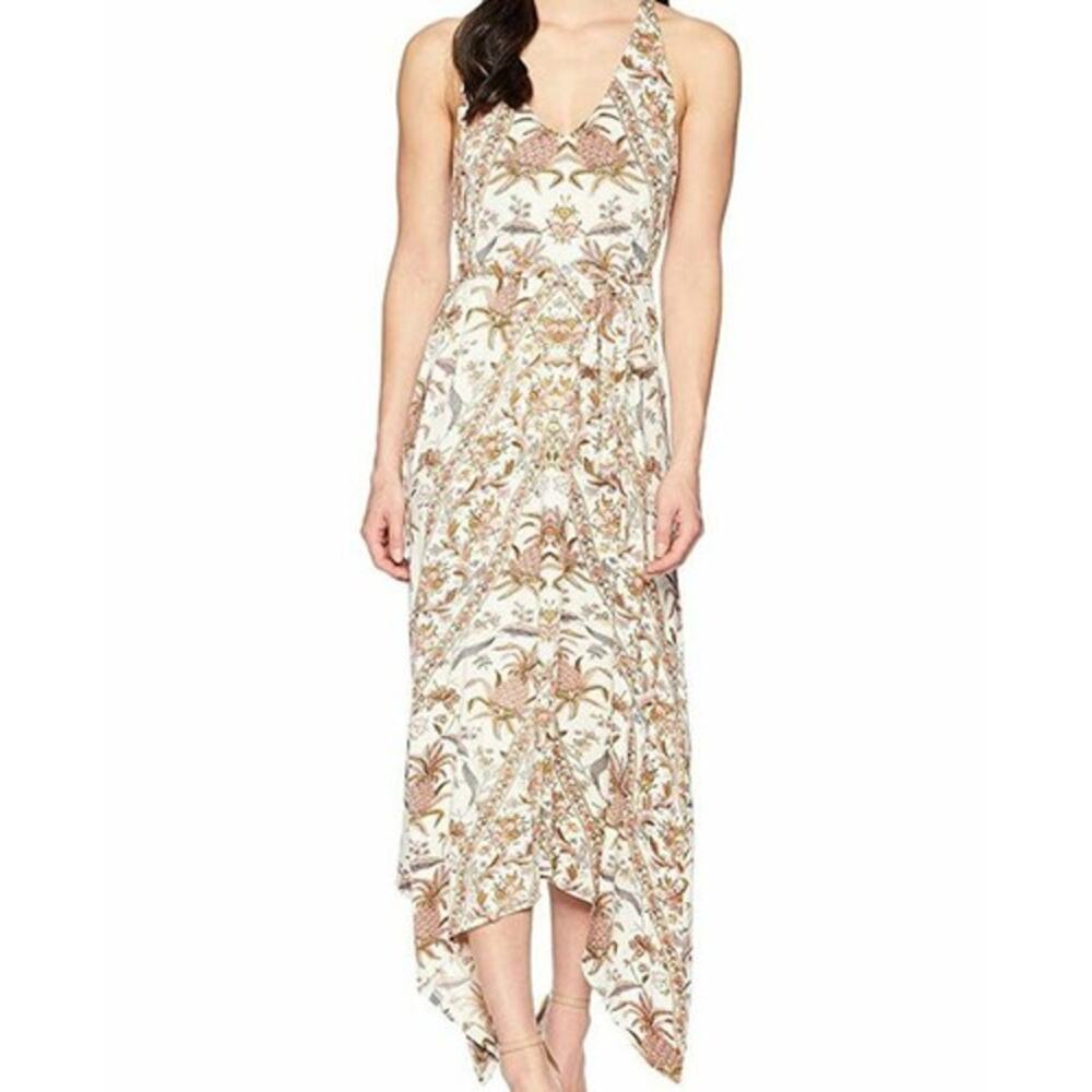 Lucky Brand Pineapple Floral Maxi Dress Size XL Boho Cottage Stretch Midi Cream